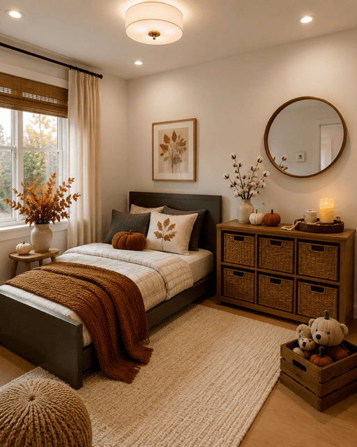Cozy small bedroom with burnt orange throw, knit bedding, pumpkins, woven baskets, and warm fall home decor ideas.