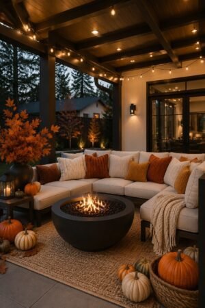 Cozy fall decorating ideas featuring autumn bathroom, reading nook, entryway, fireplace living room, kitchen, and covered patio decor.