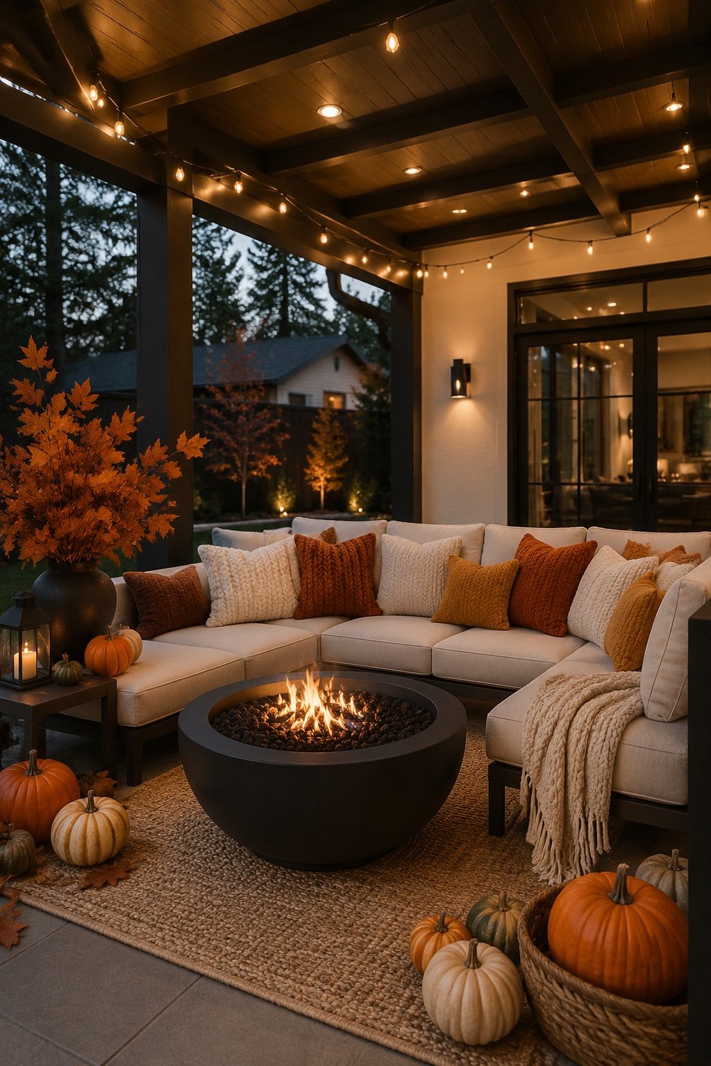 Cozy fall decorating ideas featuring autumn bathroom, reading nook, entryway, fireplace living room, kitchen, and covered patio decor.
