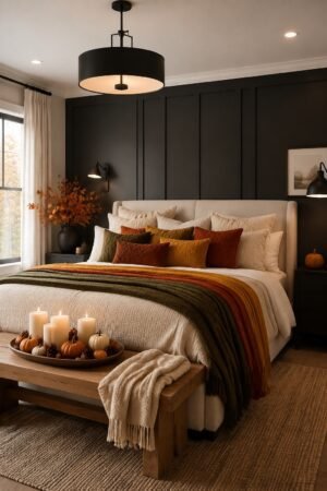 A collection of cozy fall home decor inspiration featuring a warm living room with pumpkins and candles, a moody fireplace seating area, a layered fall bedroom, a black dining table with candle centerpieces, a kitchen island styled with autumn florals and candles, and elegant seasonal decor styled in warm neutral and earthy fall tones.