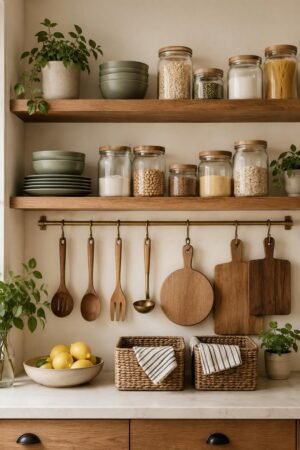 Kitchen storage and organization collection featuring wooden utensil holders, cutting board organizers, countertop racks, floating shelves, pantry storage jars, soap dispensers, and wall-mounted kitchen organizers in warm neutral tones.