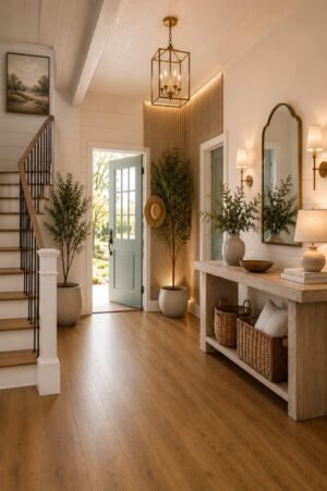 Modern farmhouse entryway featuring a wood console table, arched mirror, pendant light, wall sconces, table lamp, decorative baskets, indoor olive trees, ceramic vases, entryway decor, and warm neutral American foyer design.