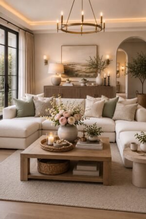 organic modern living room featuring a neutral sectional sofa, solid wood coffee table, soft area rug, designer chandelier, console cabinet, table lamp, wall art, decorative pillows, candles, ceramic vases, indoor plants, side table, and cozy American living room decor.