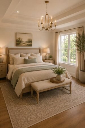Luxury neutral bedroom featuring a modern wood bed frame, premium bedding set, decorative pillows, upholstered bench, vintage area rug, wooden nightstands, ceramic table lamps, classic chandelier, framed wall art, linen curtains, indoor plants, and cozy American bedroom decor.