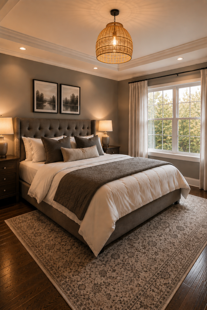 Elegant grey and white bedroom with upholstered bed, layered bedding, patterned rug, bedside lamps, and large window