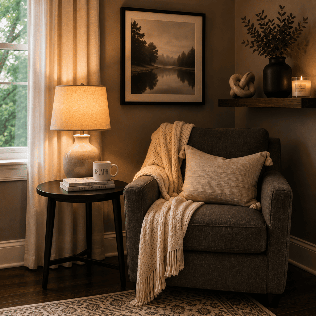 Cozy reading corner with dark grey armchair, cream knitted throw, round side table, warm table lamp, artwork, and wood flooring