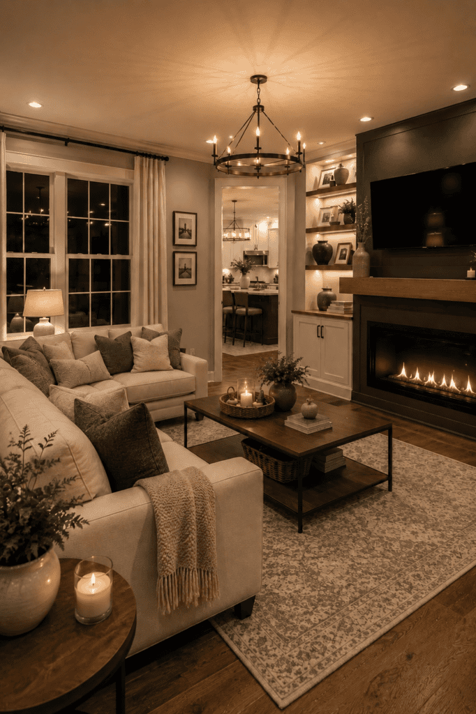 Cozy grey and white living room with cream sofas, fireplace, dark wood coffee table, patterned rug, and warm chandelier