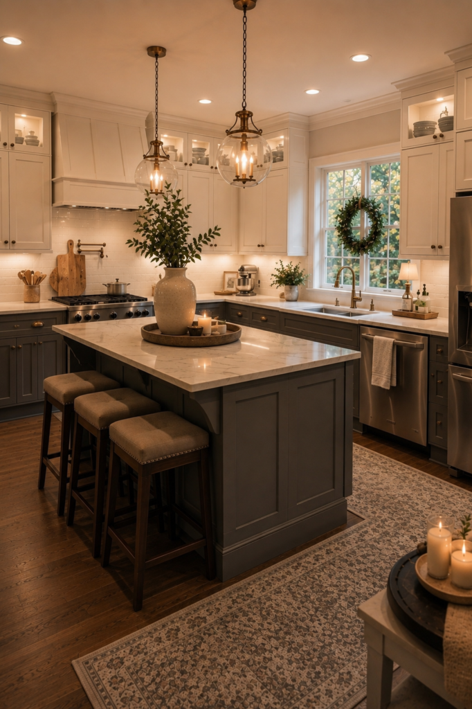 Refined grey and white kitchen with marble island, white cabinets, pendant lights, wood accents, and warm lighting