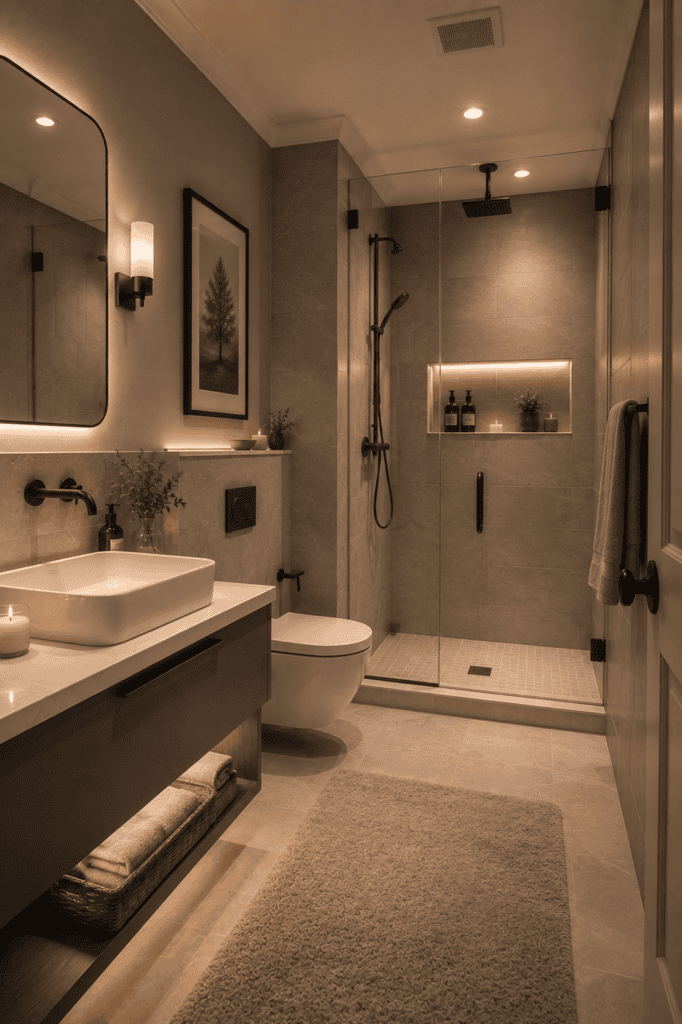 Refined grey and white bathroom with glass walk-in shower, floating vanity, warm wall lighting, and soft textured rug