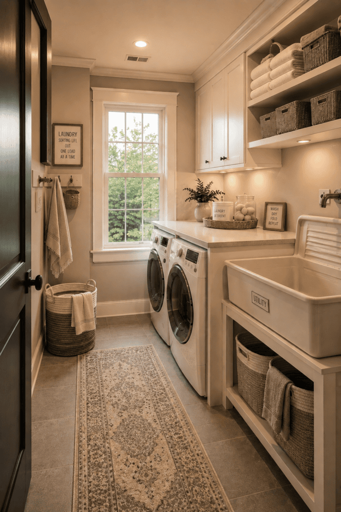 Bright grey and white laundry room with front-load washer and dryer, built-in cabinets, open shelves, woven baskets, and patterned runner