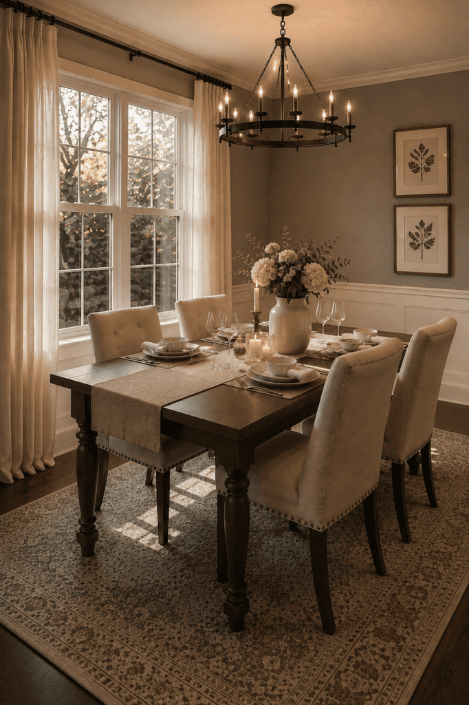 Elegant dining room with dark wood table, upholstered cream chairs, patterned rug, floral centerpiece, and soft natural light