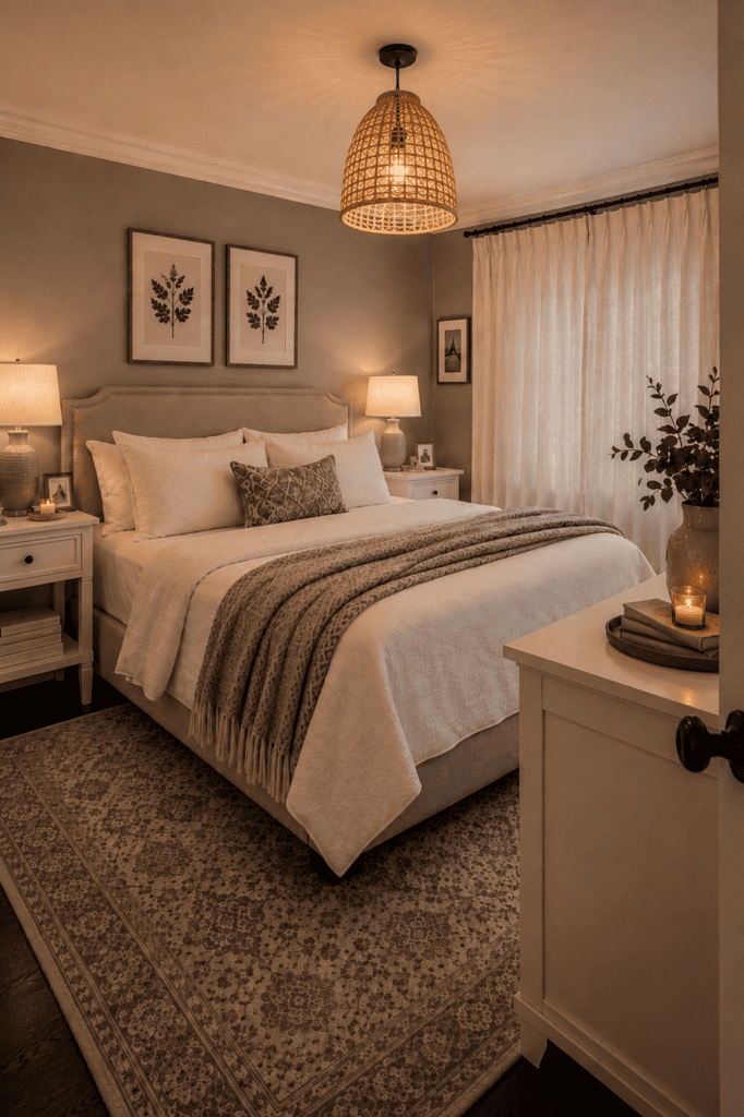 Welcoming bedroom with cream upholstered bed, white bedding, grey patterned throw, bedside lamps, and warm woven pendant light