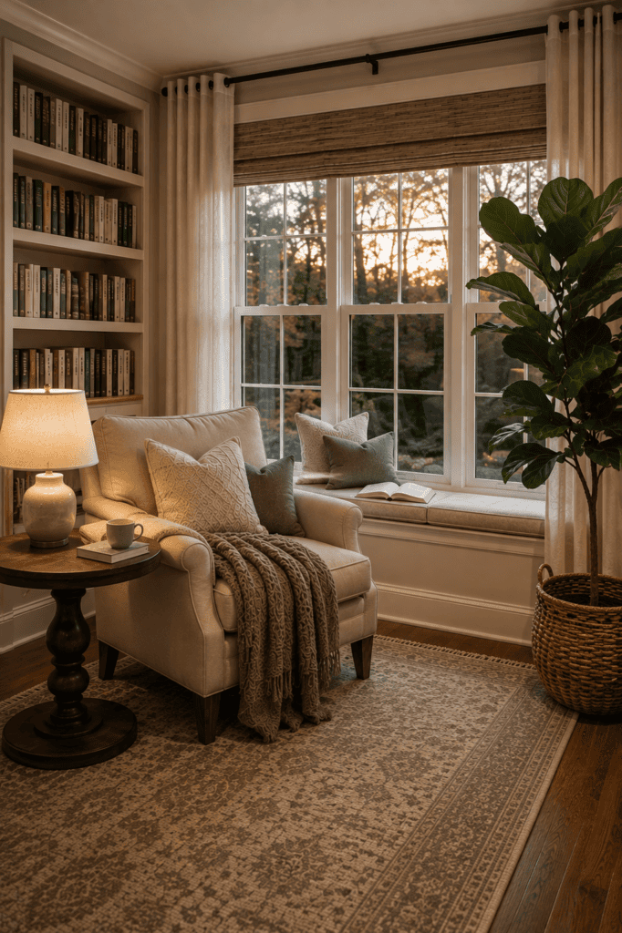 Peaceful reading corner with cream armchair, textured throw, table lamp, bookshelves, large window, and indoor greenery