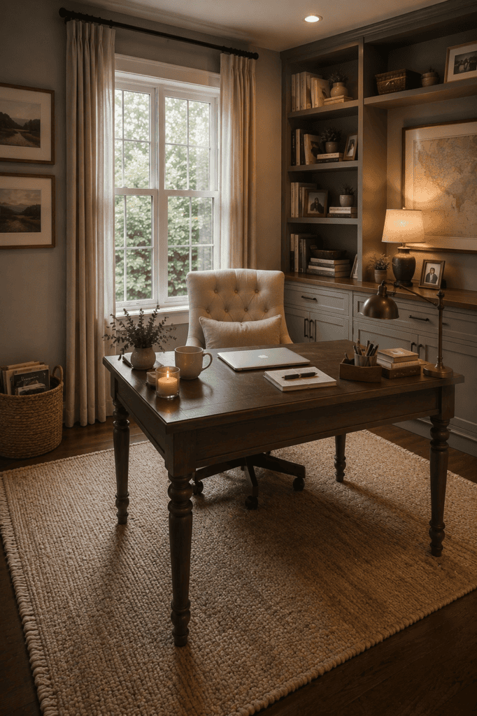 Cozy grey home office with dark wood desk, upholstered chair, built-in bookshelves, window, and warm table lamp