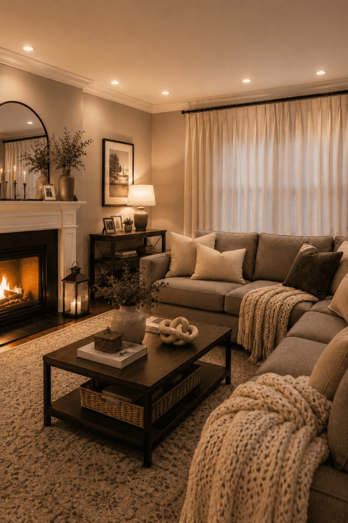 Warm living room with grey sofa, cream pillows, textured throws, fireplace, wood coffee table, and soft ambient lighting