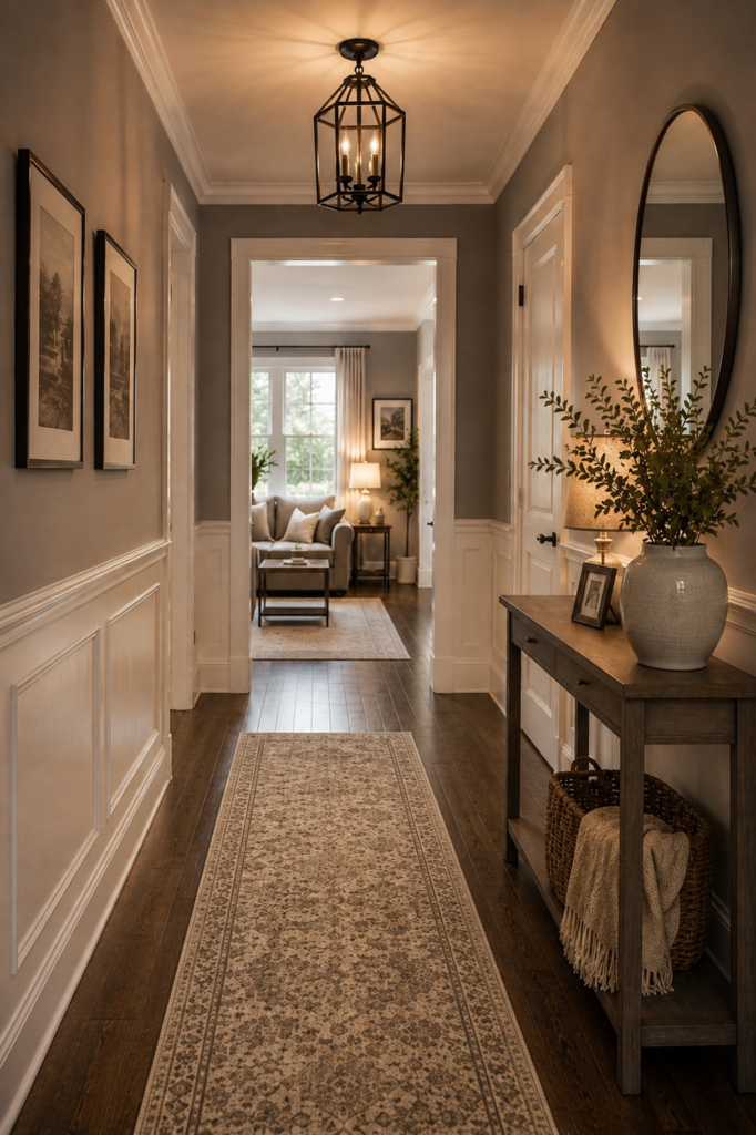 Elegant grey and white entry hallway with warm lighting, wood floors, console table, mirror, and runner rug