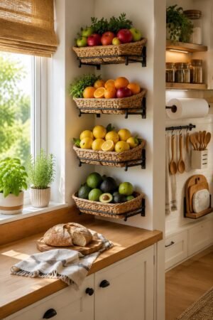White small kitchen wall storage baskets featuring compact white organizer shelves, paper towel holder, pantry jars, oil bottles, hanging wooden utensils, kitchen towel, cutting boards, greenery, and space-saving vertical kitchen organization.