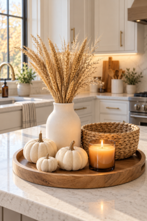 Round wooden tray on a marble kitchen island holds a cream ceramic vase filled with dried wheat, four plush white pumpkins, an amber candle, and a natural woven storage basket.