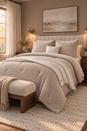 Warm neutral bedroom featuring layered beige quilted bedding, textured pillows, an upholstered bed, wooden bench, woven rug, soft curtains, bedside sconces, natural greenery, and peaceful morning sunlight throughout the space.