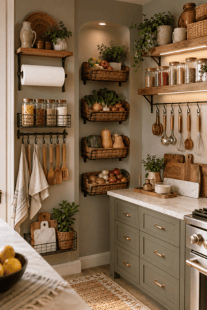Warm sage green kitchen organization featuring rustic wooden open shelves, wall-mounted woven produce baskets filled with fruits and vegetables, clear glass pantry jars, hanging wooden utensils, neutral dish towels, cutting boards, greenery, brass cabinet handles, marble countertops, and warm under-shelf lighting.