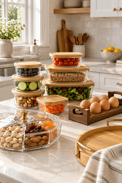 Amazon Kitchen Finds glass food-storage containers with bamboo lids arranged with vegetables, fruit, nuts, and eggs