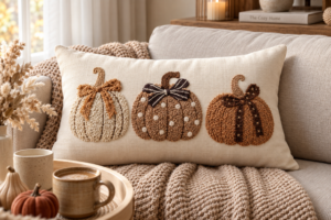 Neutral fall living room featuring textured three pumpkin lumbar pillow, chunky beige knit throw, ceramic coffee mugs, wooden tray and decorative mini pumpkins.