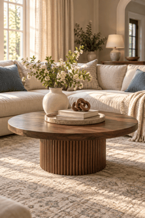 Round fluted walnut coffee table styled with a stone tray, ceramic flower vase, neutral books and wooden knot, surrounded by a cream sectional, blue pillows, knitted throw and vintage rug.