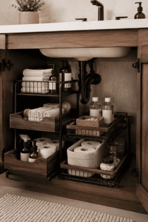 Modern wood bathroom vanity cabinet featuring organized under-sink storage with black metal pull-out racks, wooden drawers, folded white towels, toilet paper rolls, toiletry bottles, cleaning supplies, woven baskets, fabric storage containers, and space-saving organizers arranged around black sink plumbing.