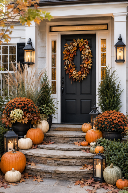 Welcoming autumn home ideas with pumpkins, copper mums, glowing lanterns, and a fall wreath around a black front door.