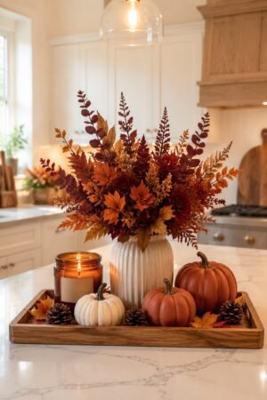 Cozy fall kitchen island centerpiece with autumn florals, pumpkins, candle, and wooden tray