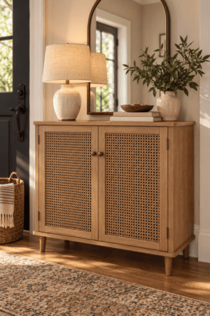 Warm oak storage cabinet with woven cane doors, styled with an ivory table lamp, arched brass mirror, ceramic vase with greenery, neutral books, woven basket, and vintage-style rug.