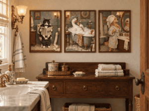 Funny vintage bathroom wall art featuring three framed animal prints styled in a cozy guest bathroom with warm wood accents and classic decor.