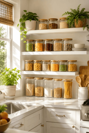 Bright white kitchen pantry organization featuring open wall shelves filled with clear glass food storage jars with wooden lids containing pasta, beans, lentils, chickpeas, oats, flour, rice, grains, and nuts, styled with green plants, ceramic dishes, wooden utensils, natural woven planters, and warm sunlight.