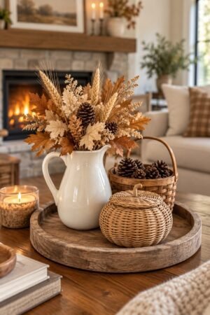 Round rustic wood tray holds a white ceramic pitcher filled with wheat, maple leaves, pinecones, and dried flowers beside two woven baskets and a glowing candle near a stone fireplace.