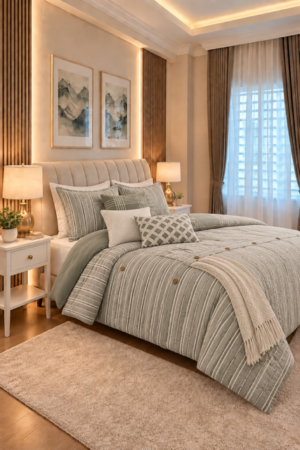 Gray striped comforter and layered patterned pillows style an elegant bedroom with upholstered headboard, white nightstands, brass lamps, wood slat panels, framed art, sheer curtains, and cozy beige rug underfoot.
