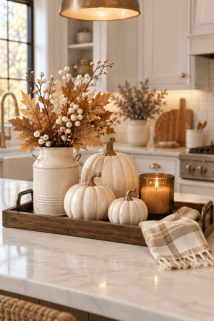 Rustic rectangular wooden tray displays three cream ceramic pumpkins, a white crock filled with maple leaves and white berries, an amber candle, and a plaid fringed towel on marble countertop.
