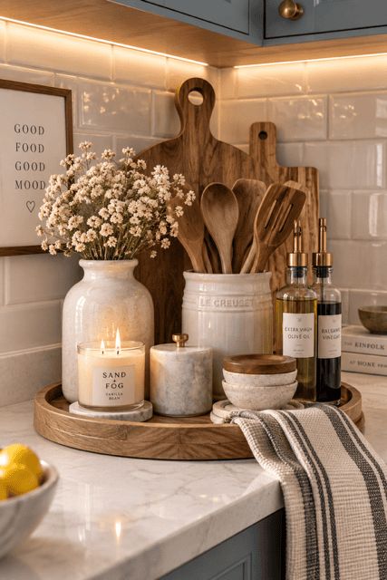 Wooden countertop tray styled with a utensil crock, cutting boards, oil bottles, bowls, and neutral kitchen décor