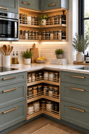 Modern sage green kitchen featuring wooden corner pantry shelves organized with glass spice jars, grain containers, ceramic canisters, cooking oils, wooden lids, potted herbs, cutting boards, marble countertops, brass cabinet handles, wooden utensils, lemons, olive branches, and warm under-cabinet lighting.