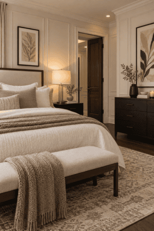 Cozy neutral bedroom with beige upholstered bed, cream bench, chunky knit throw, black dresser, brass table lamp, botanical wall art and vintage beige area rug.
