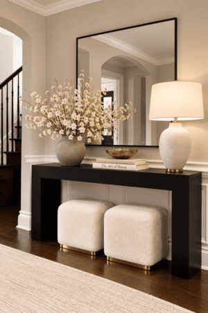 Modern black console table styled with mirror, lamp, flowers, books and cream upholstered stools in an elegant neutral entryway interior.