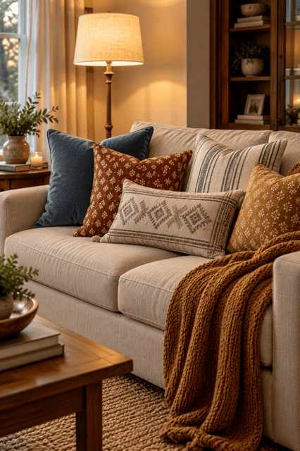 Five wooden wall-mounted bud vases with glass tubes display olive branches, eucalyptus, wheat and delicate white flowers above a walnut console table styled with woven accents in warm sunlight indoors.