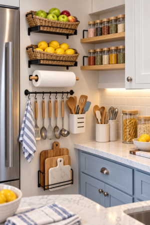 Organized kitchen wall featuring woven fruit baskets, spice jars, floating shelves, paper towel holder, utensil hooks, cutting board rack, pantry canisters, ceramic holders, blue cabinets, and marble countertops.
