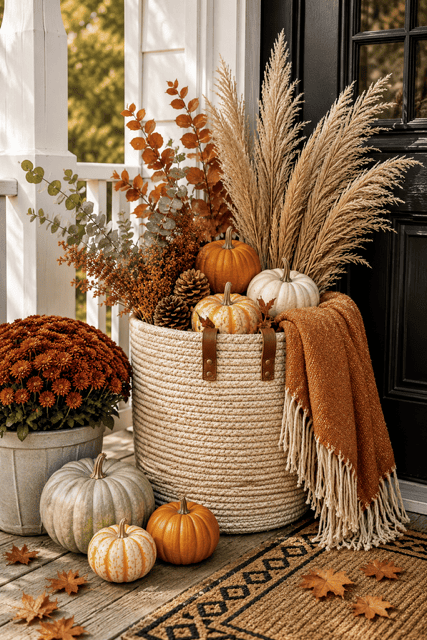 Autumn home ideas featuring a woven porch basket filled with pumpkins, fall foliage, pampas grass, and a rust throw.