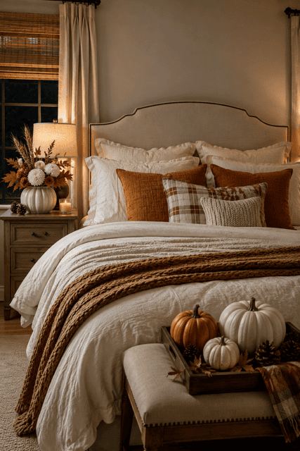 Soft autumn home ideas featuring creamy bedding, rust accent pillows, a caramel throw, fall flowers, and pumpkins in a wooden tray.