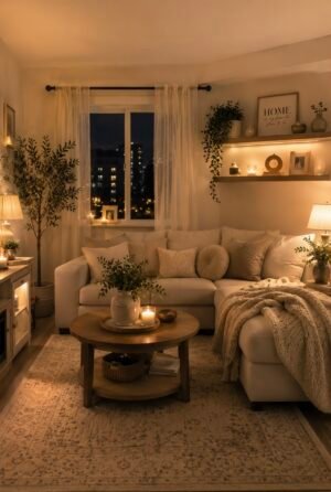 Warm neutral living room featuring cream sectional sofa with decorative pillows and textured throw, round wood coffee table, vintage style area rug, sheer white curtains, floating wooden shelves, table lamps, glowing candles, framed artwork, ceramic vases, greenery, and tall indoor olive tree.