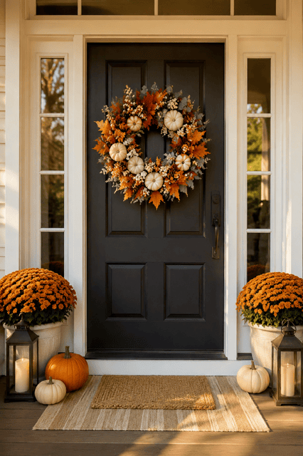 Polished autumn home ideas featuring a black front door, pumpkin wreath, copper mums, lanterns, neutral pumpkins, and layered outdoor rugs.