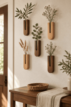 Five wooden wall-mounted bud vases with glass tubes display olive branches, eucalyptus, wheat and delicate white flowers above a walnut console table styled with woven accents in warm sunlight indoors.