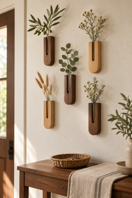 Five wooden wall-mounted bud vases with glass tubes display olive branches, eucalyptus, wheat and delicate white flowers above a walnut console table styled with woven accents in warm sunlight indoors.