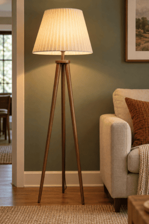 Walnut wooden tripod floor lamp with glowing pleated ivory fabric shade styled beside a beige sofa against an earthy olive green living room wall.