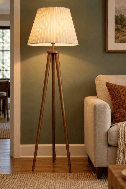 Walnut wooden tripod floor lamp with glowing pleated ivory fabric shade styled beside a beige sofa against an earthy olive green living room wall.
